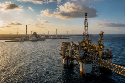 Plataforma de petróleo em alto-mar ao lado de equipamentos industriais de energia, sem textos ou logotipos visíveis