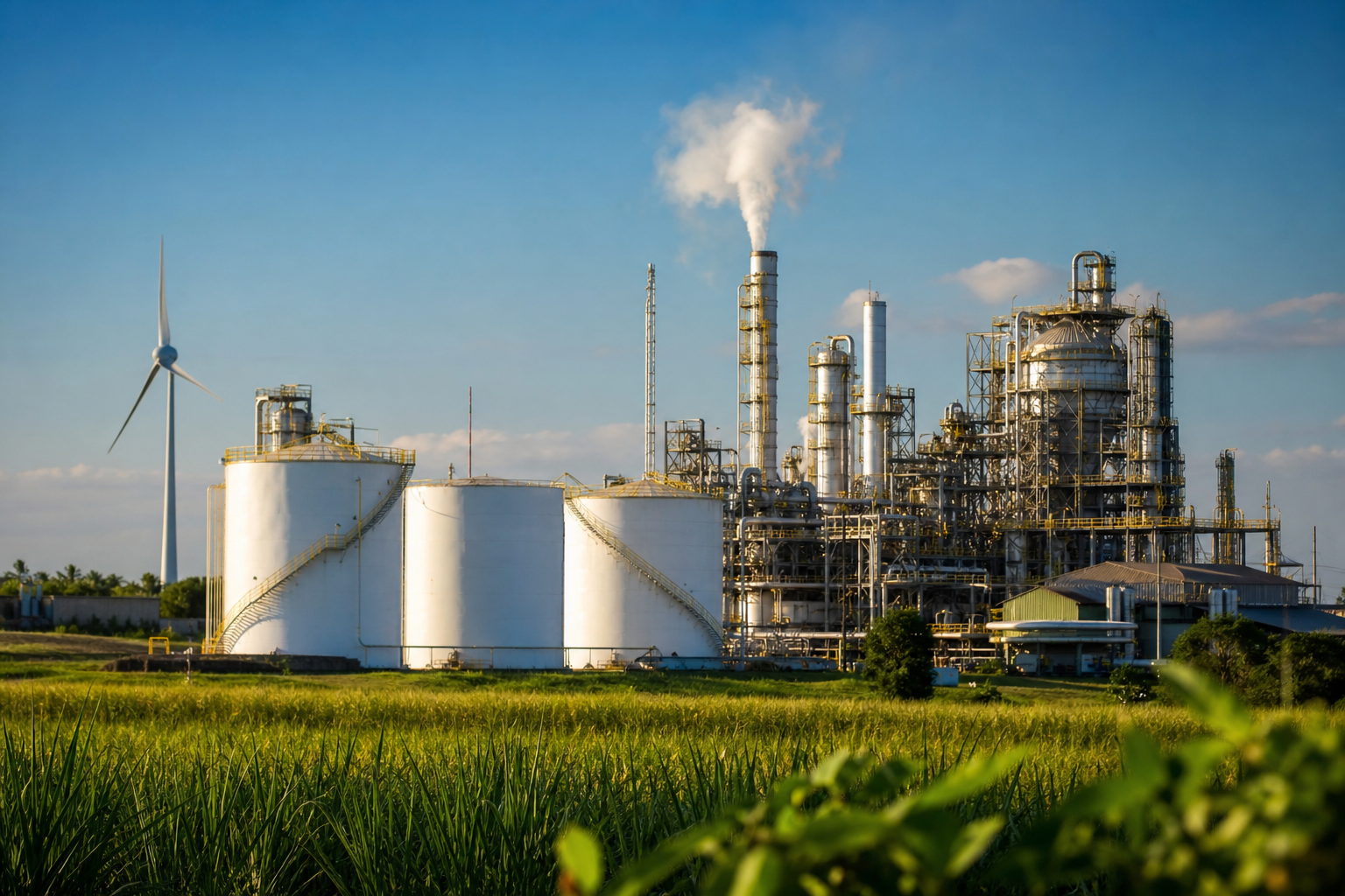 Tanques de combustíveis e plantas de biocombustíveis em composição editorial sobre a descarbonização da matriz energética brasileira