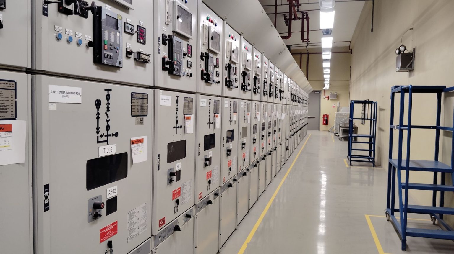 Sala de controle industrial com uma longa fileira de painéis elétricos e instrumentos de monitoramento.